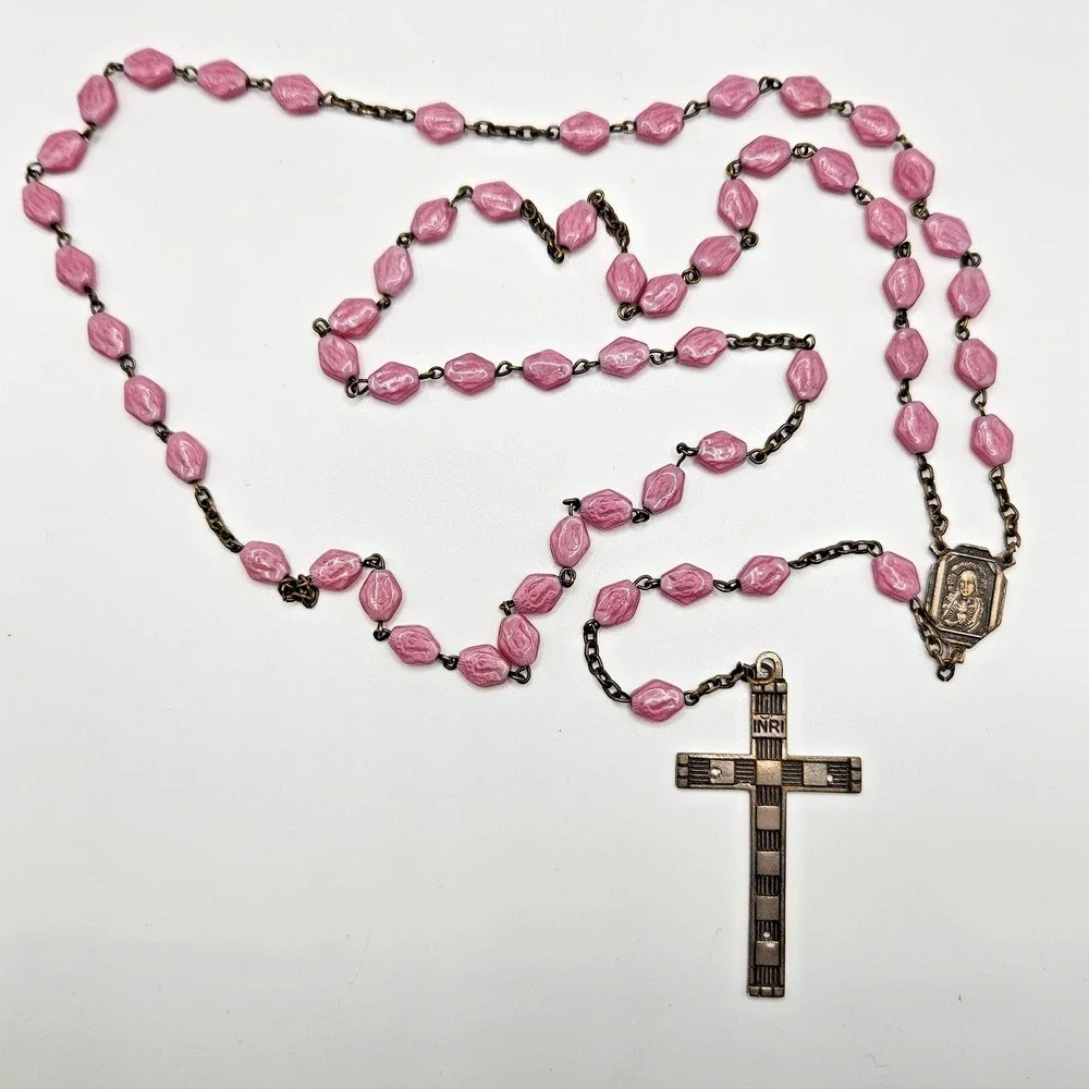 Vintage Czech Pink Glass Rosary Catholic Signed Czechoslovkia on Cross 22